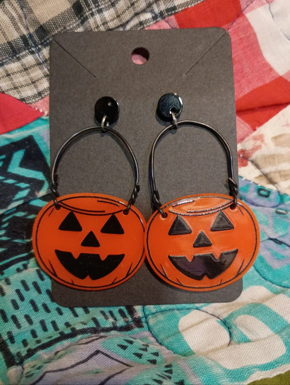 Halloween Pumpkin Jack-O'-Lantern Pail Earrings Bendable Handles Double Sided